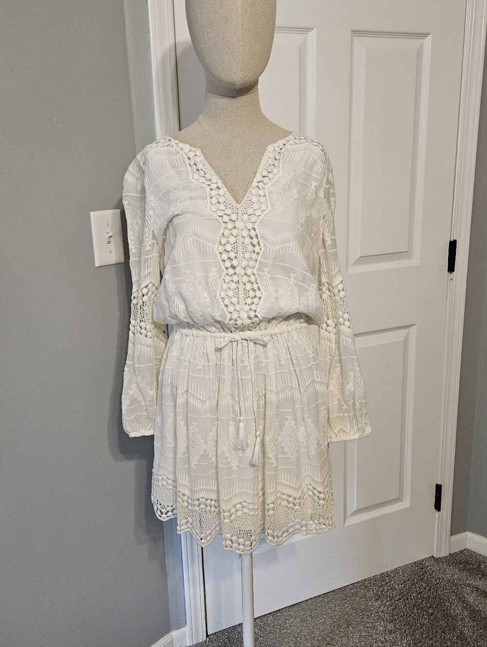 Joie Cream Crochet-Trim V-Neck Long Sleeve Dress